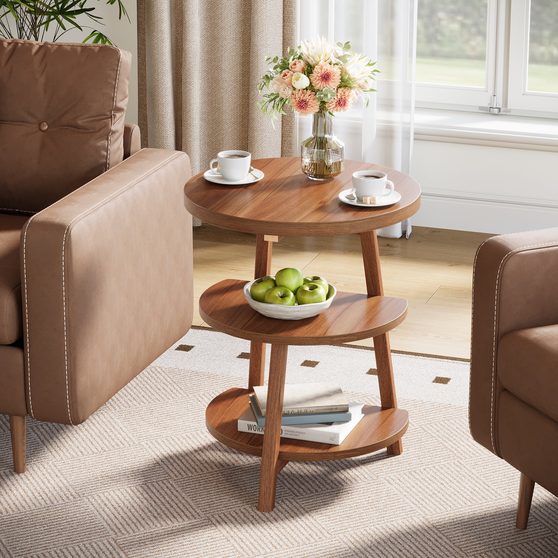 Tribesigns 50 cm Tavolino, Tavolino da Caffè Rotondo a 3 Ripiani per Soggiorno