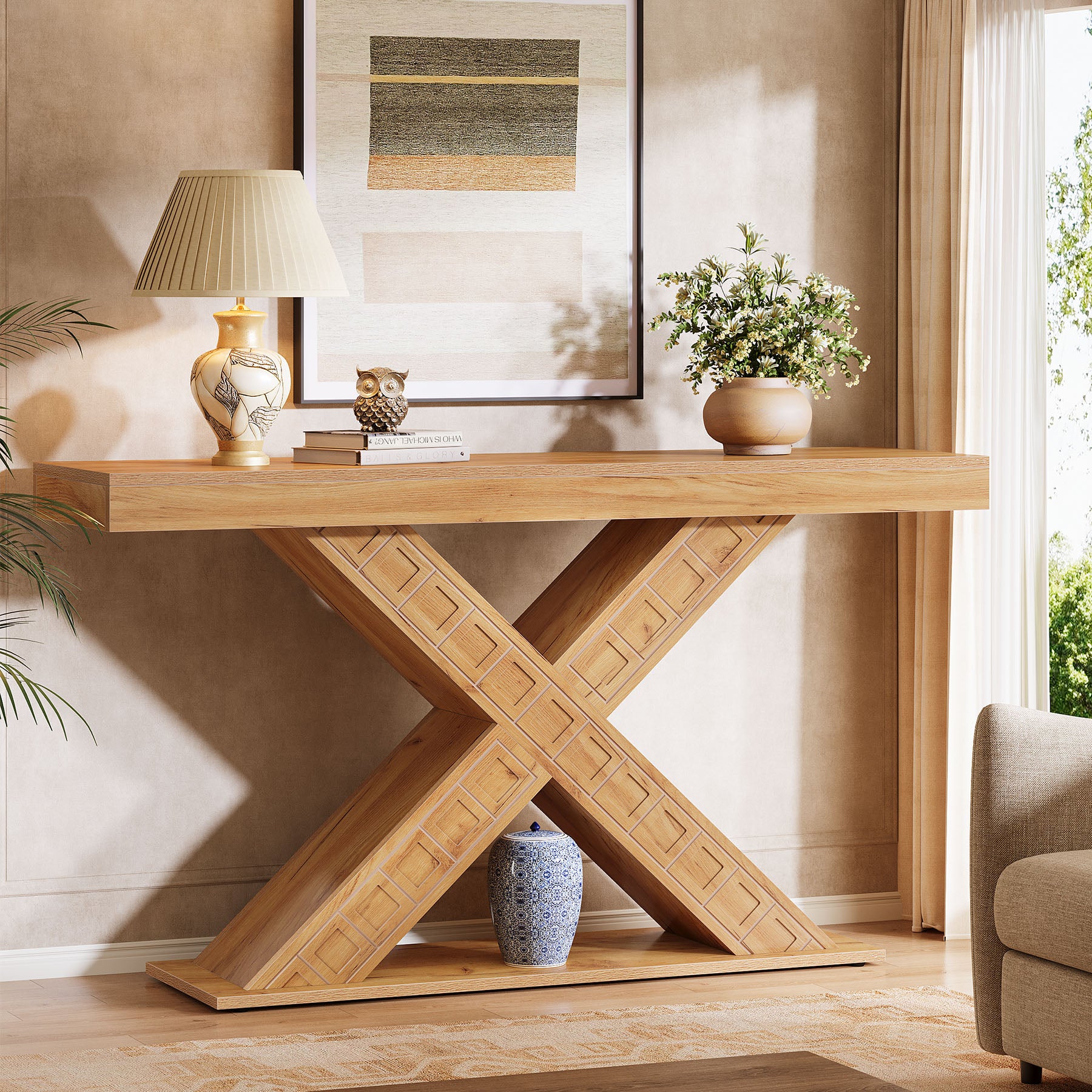 Tribesigns Tavolo consolle da 140 cm, tavolo da ingresso stretto in stile fattoria con base a X