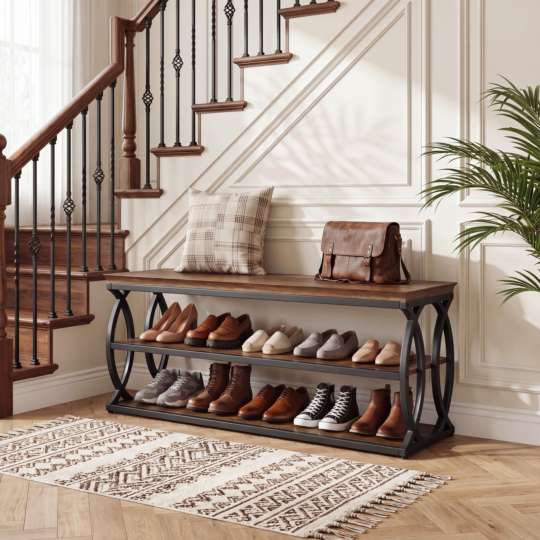 Tribesigns Panca porta scarpe da 120 cm con contenitore, scarpiera a 3 ripiani con seduta (stile industriale e rustico)