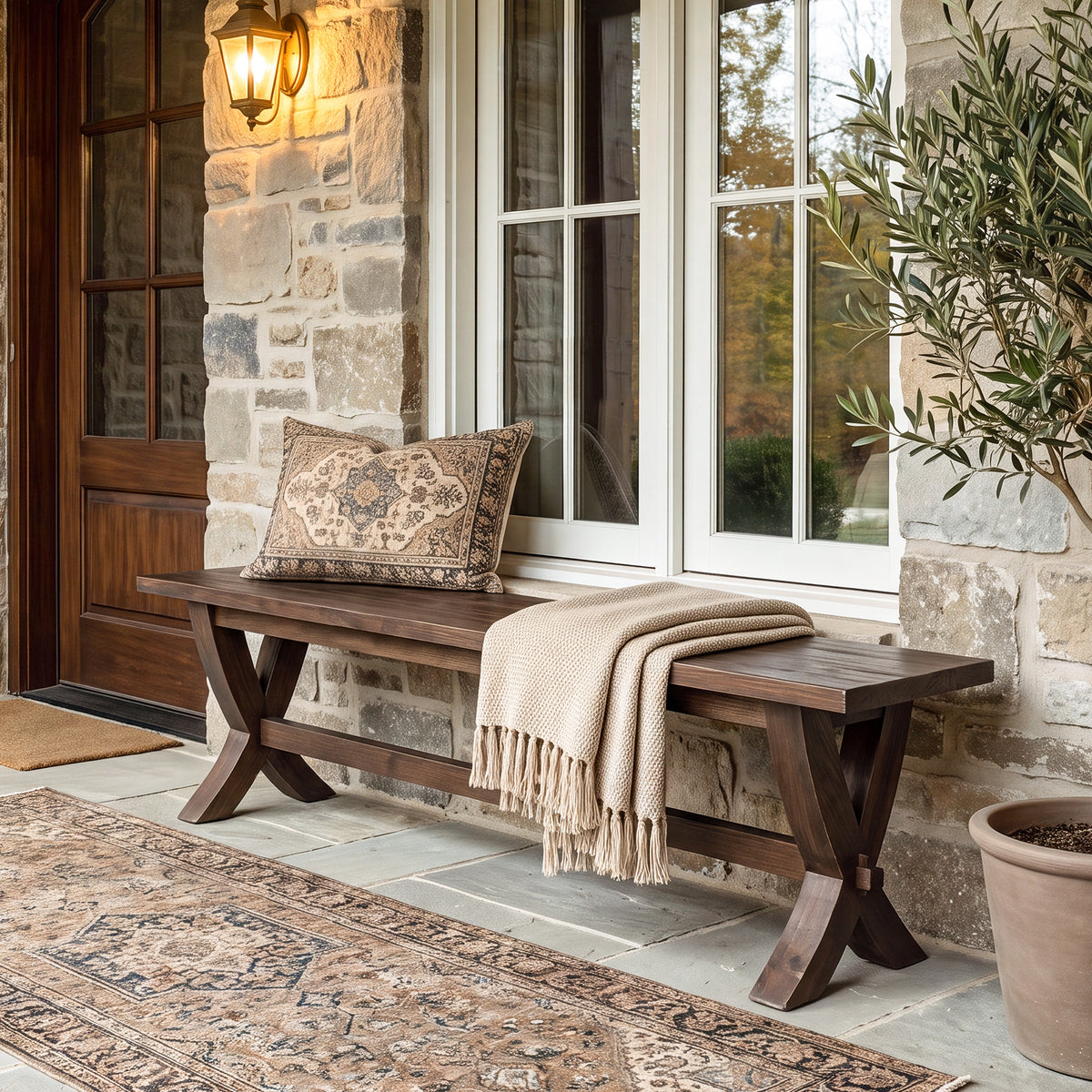 Panca Country in Legno Massello con Gambe a X, 150 cm, per Ingresso e Corridoio