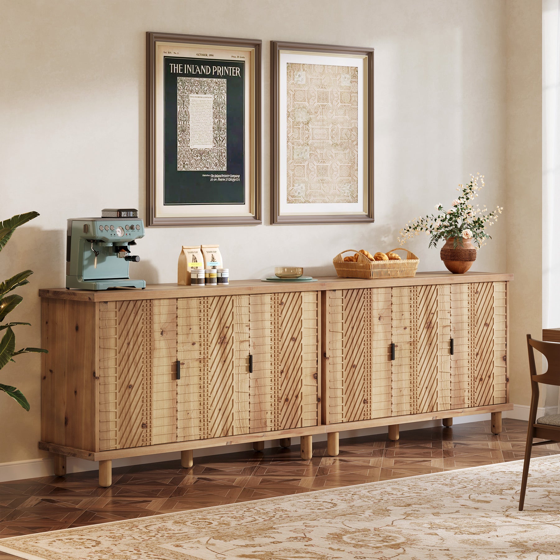 Tribesigns Credenza in legno massello con vano contenitore, Mobile in stile rustico con 3 ante e 2 ripiani regolabili