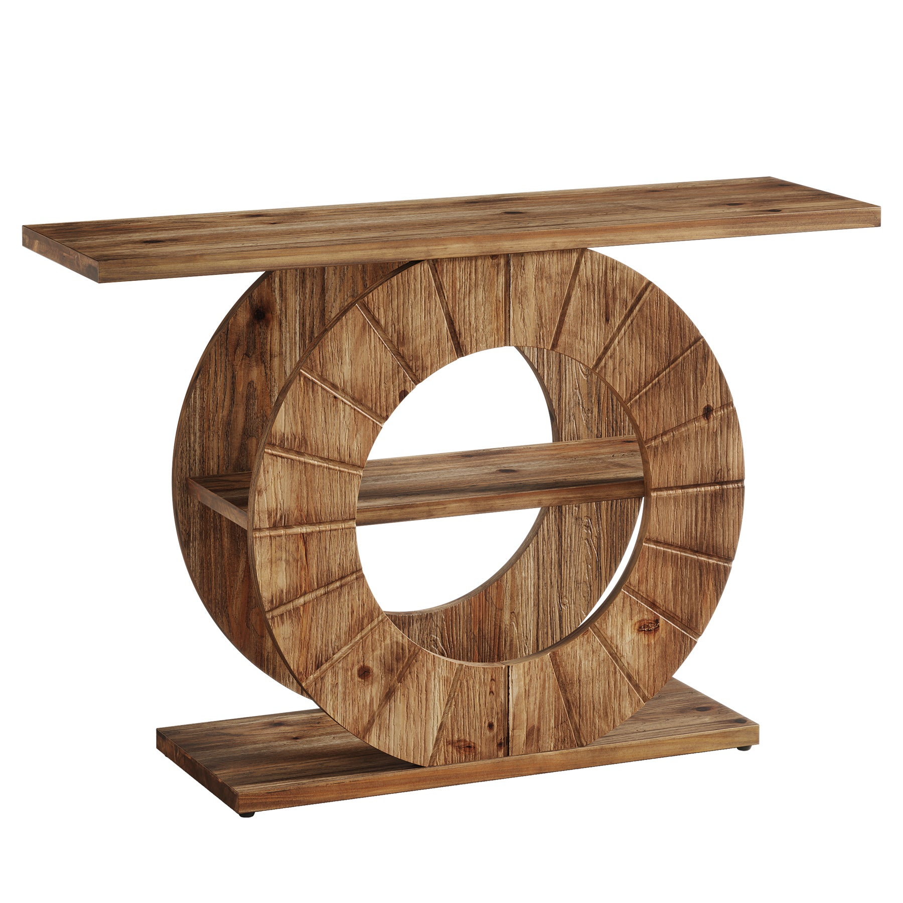 Tribesigns Consolle in legno massello da 105 cm, tavolino a 3 ripiani con base circolare intagliata