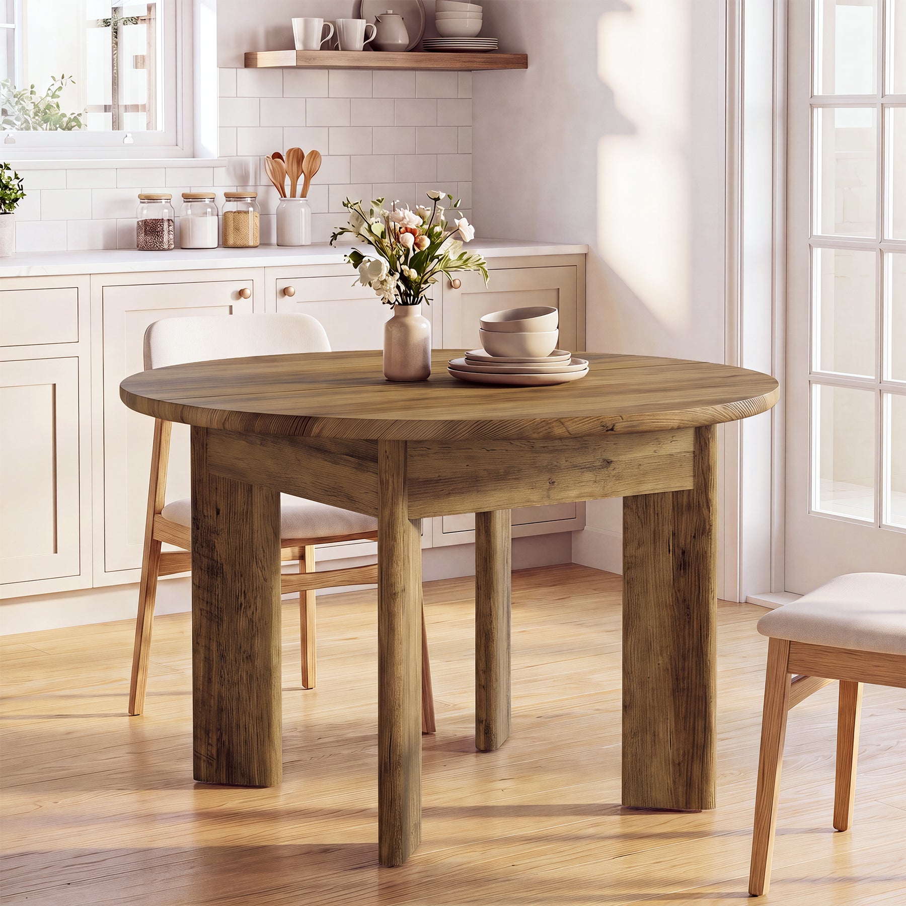 Tavolo da Pranzo Rotondo Moderno con Bordi Arrotondati e Gambe Spesse, Ø 100 cm, per 4 Persone