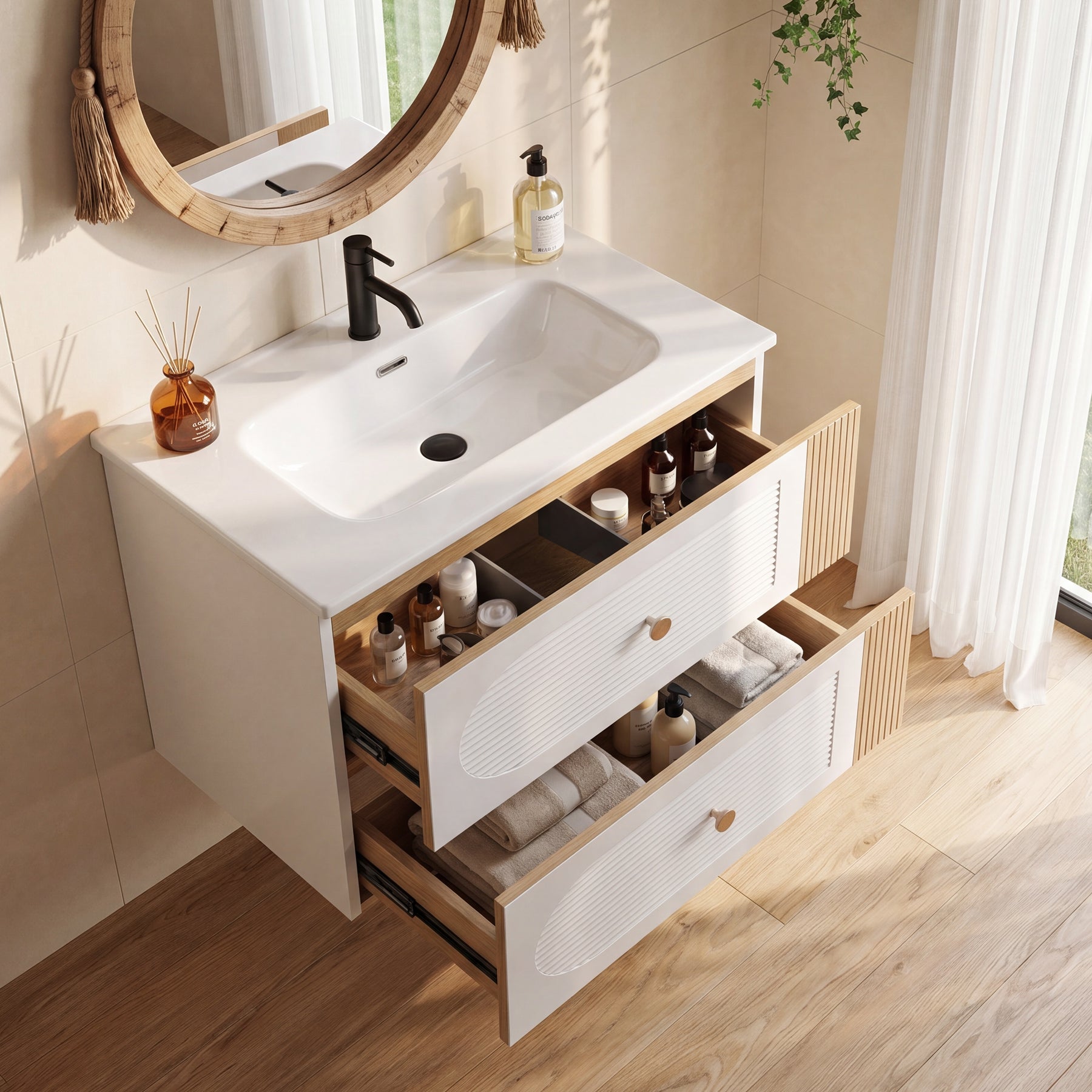 Tribesigns Mobile bagno con lavabo in ceramica da 60 cm, bianco, sospeso, 2 cassetti