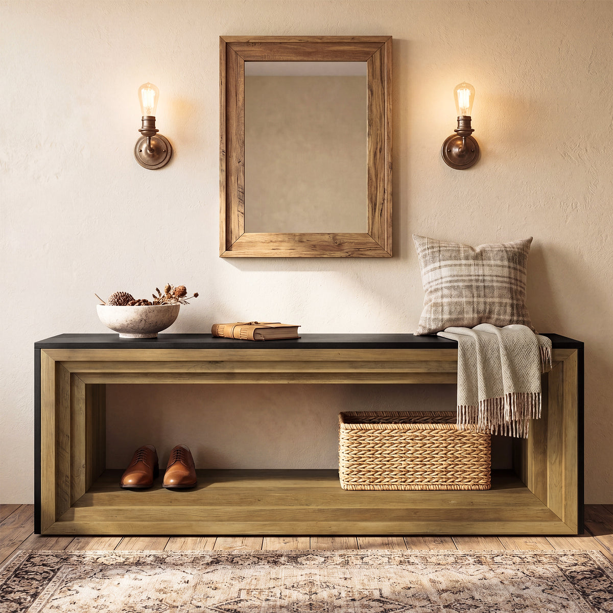 Panca Country con Vano Contenitore, 160 cm, per Ingresso, Utilizzabile come Mobile TV