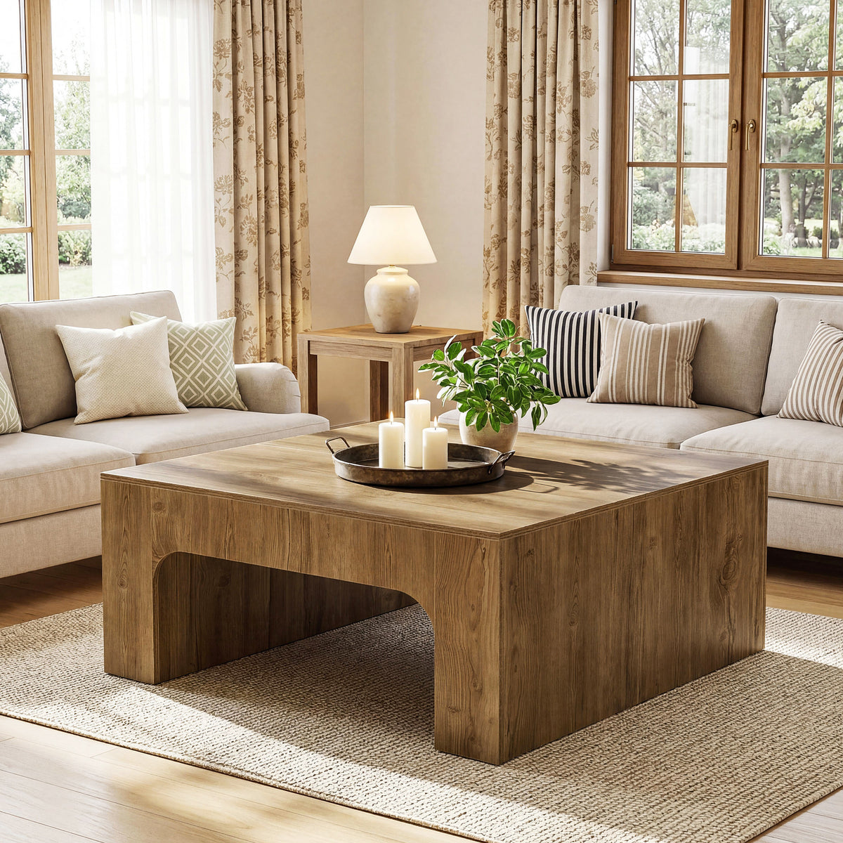 Tavolino da Salotto Quadrato Country in Legno con Design Curvato, 100 x 100 cm, per Soggiorno