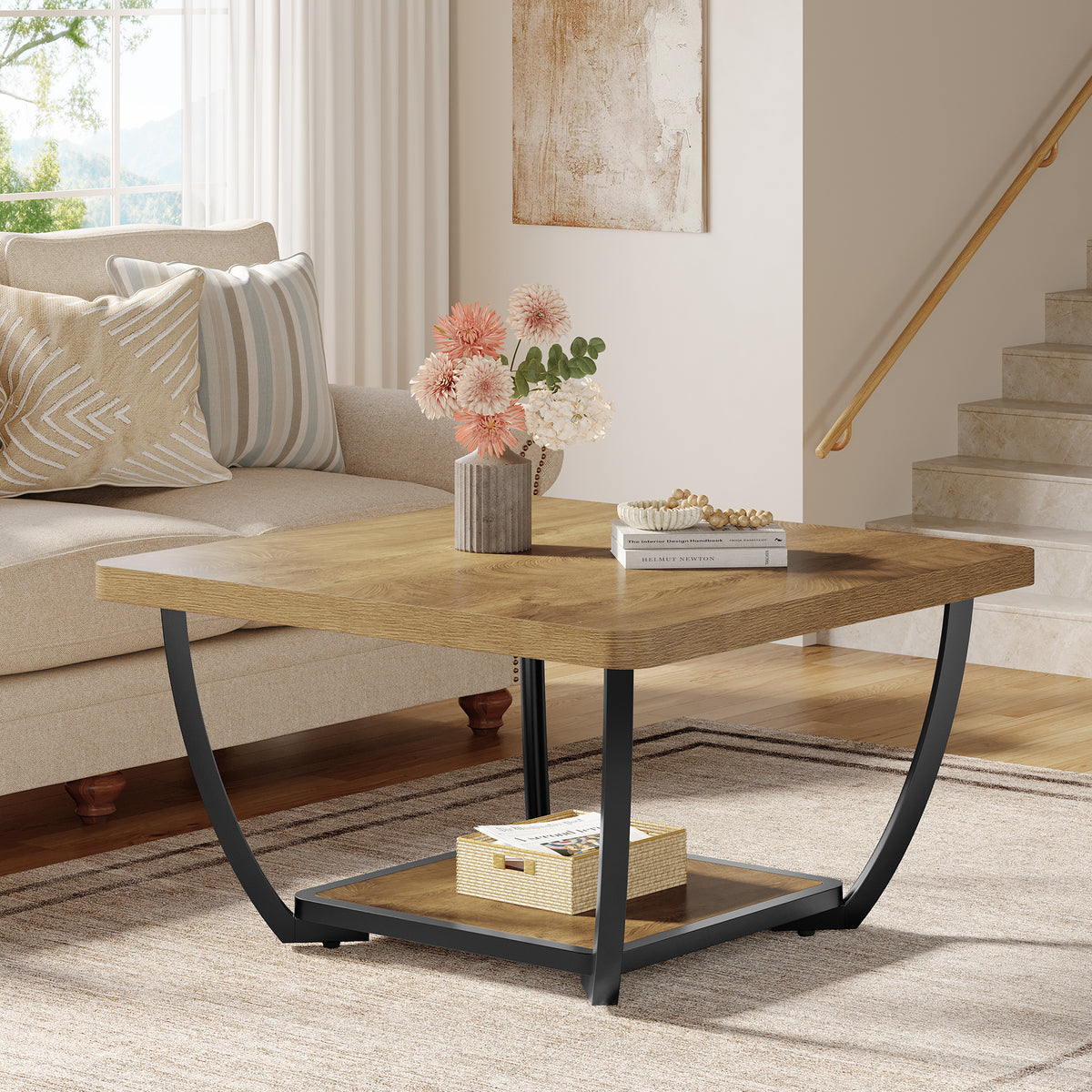 Tavolino da Salotto Quadrato a 2 Ripiani con Struttura ad Arco in Metallo, 80 x 80 cm, per Soggiorno