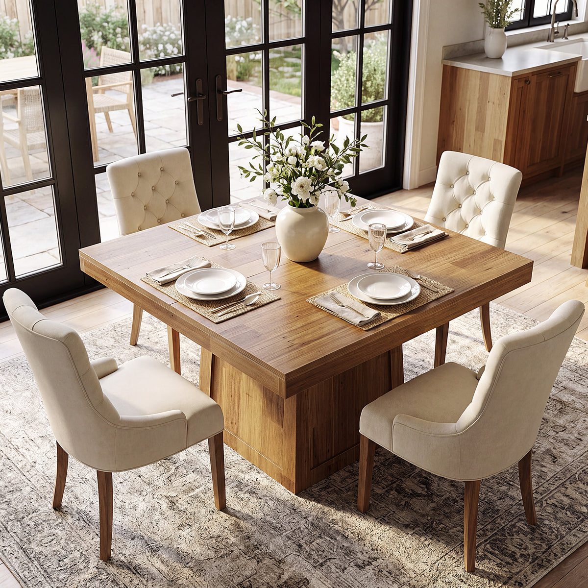 Tavolo da Pranzo Quadrato in Noce con Base Trapezoidale, 80 x 80 cm, per 2-4 Persone