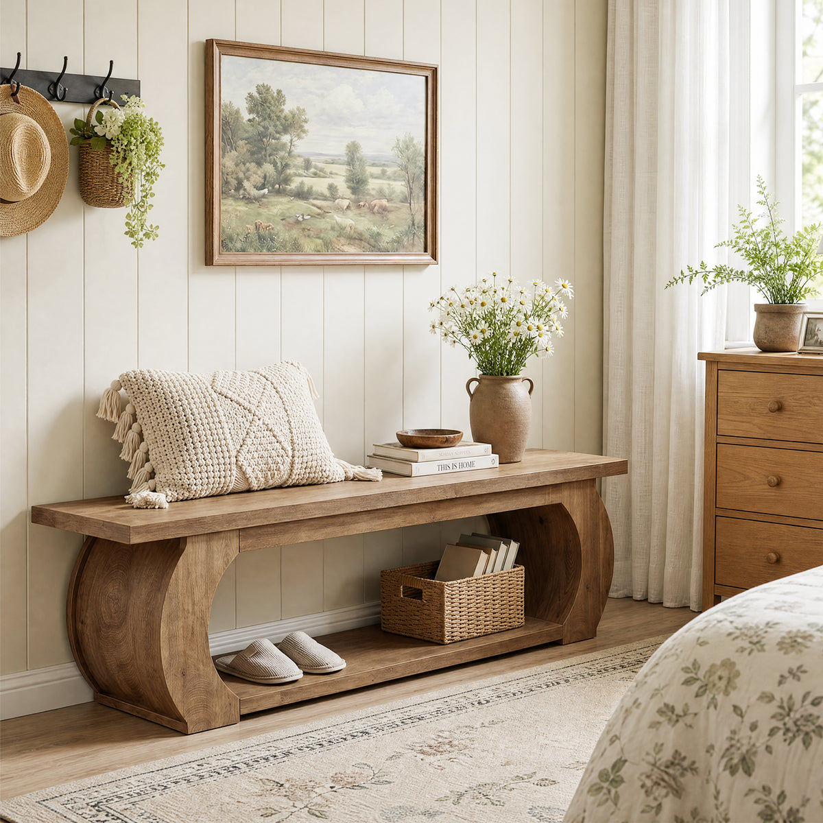 Panca Country con Ripiano Aperto e Struttura in Legno Curvata, 160 cm, per Camera da Letto