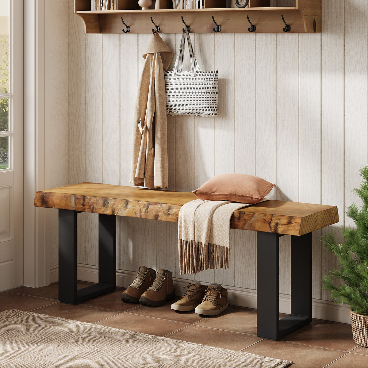Panca Portascarpe Industriale Stretta con Seduta in Legno Massello, 120 cm, per Ingresso e Camera da Letto