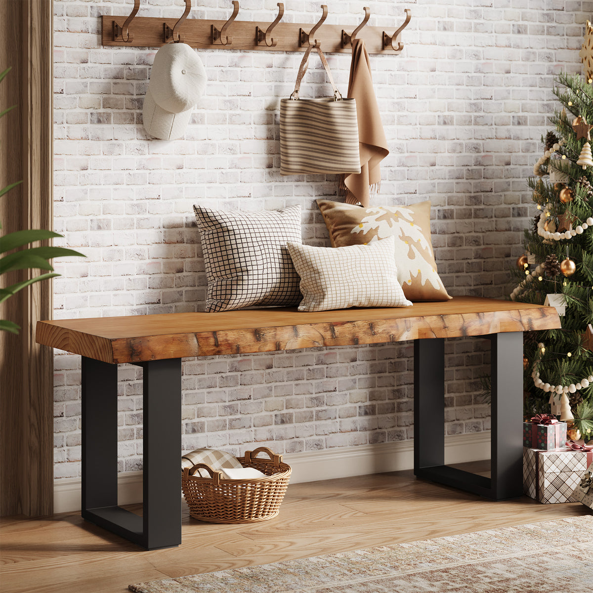 Panca Portascarpe Industriale Stretta con Seduta in Legno Massello, 120 cm, per Ingresso e Camera da Letto