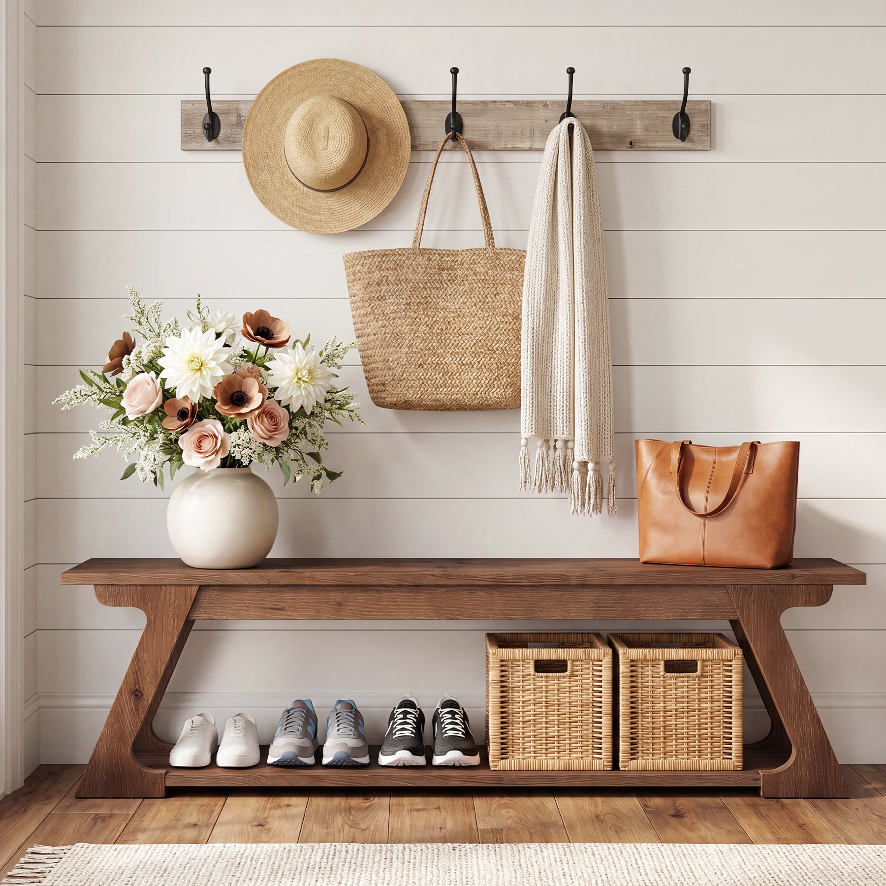 Panca da Ingresso Country in Legno Massello con Vano Contenitore, 150 cm, per Ingresso