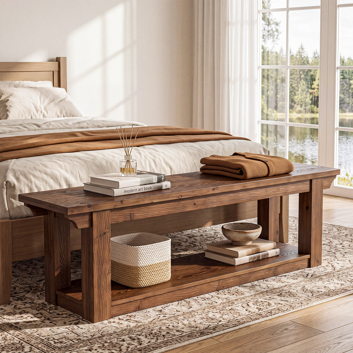 Panca Country in Legno Massello a 2 Ripiani Portascarpe, 160 cm, per Ingresso