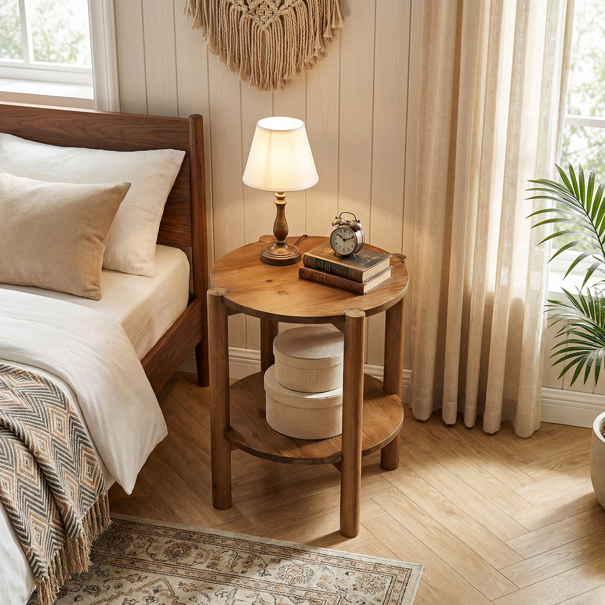Tavolino Laterale Rotondo Country in Legno Massello con Ripiano, Ø 50 cm, per Camera da Letto