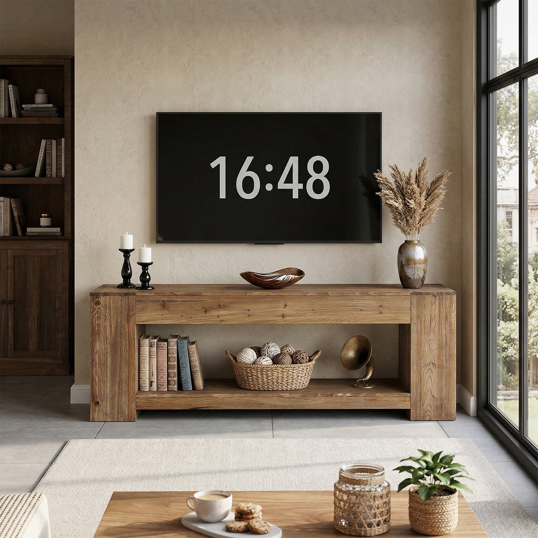 Mobile TV Rustico in Legno Massello con Vani Aperti, 160 cm, per TV fino a 75"