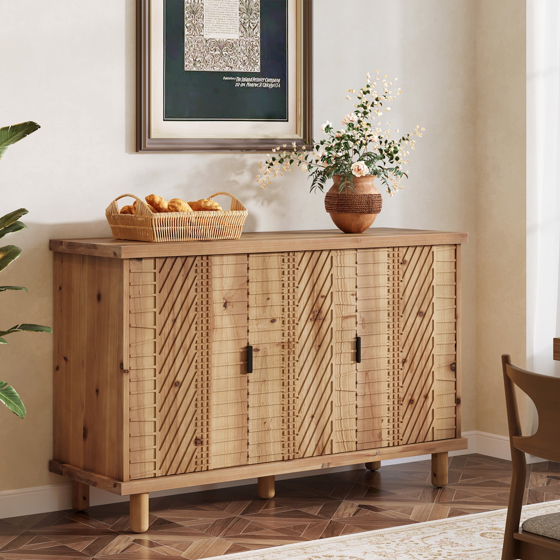 Tribesigns Credenza in legno massello con vano contenitore, Mobile in stile rustico con 3 ante e 2 ripiani regolabili