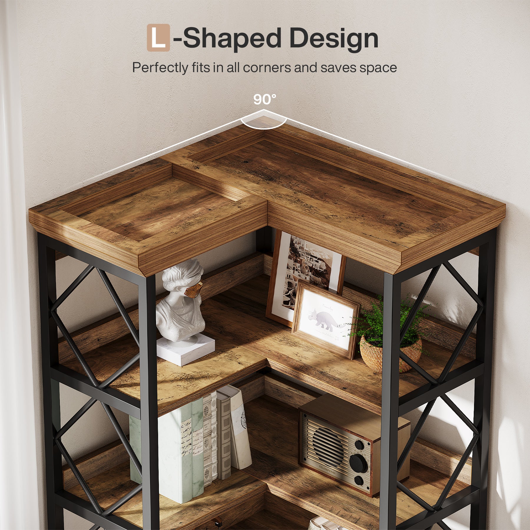 Tribesigns Libreria angolare alta 184 cm, grande libreria moderna con pannello posteriore