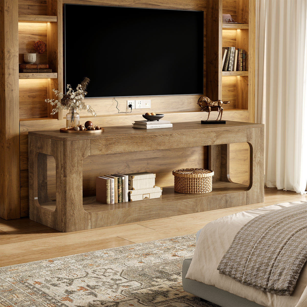 Mobile TV Country a 2 Ripiani con Decori Circolari Traforati, 160 cm, per Soggiorno
