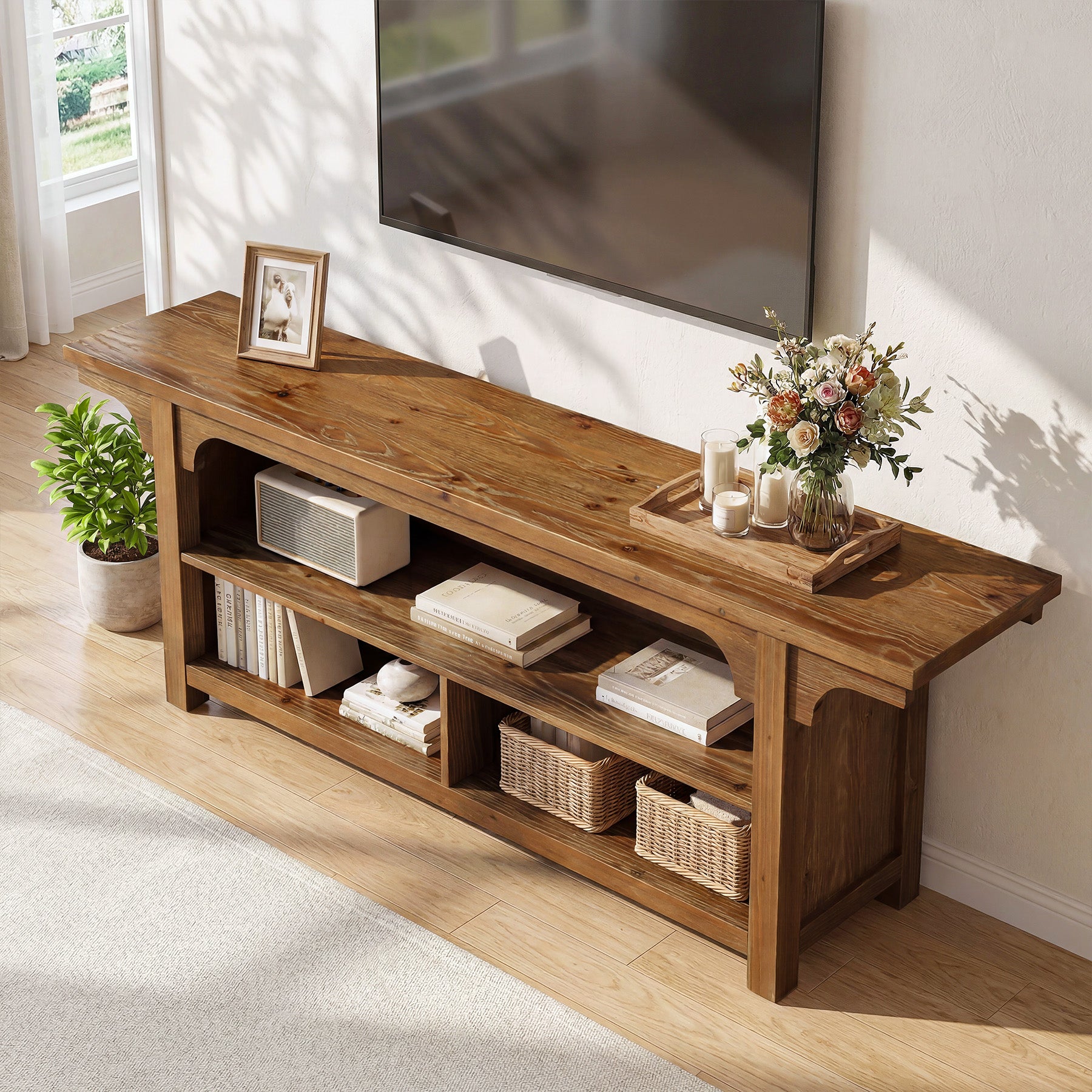 Tribesigns Mobile porta TV basso in legno massello, 160 cm, consolle multimediale per TV da 55 a 70 pollici con 3 vani a giorno