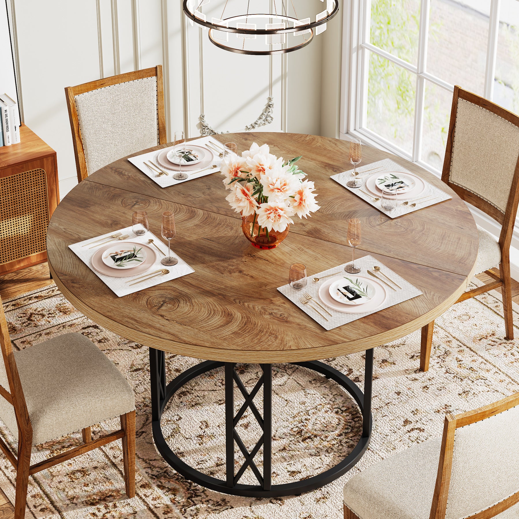 Tavolo da Pranzo Rotondo Moderno con Struttura in Metallo, Ø 120 cm, per 4-6 Persone