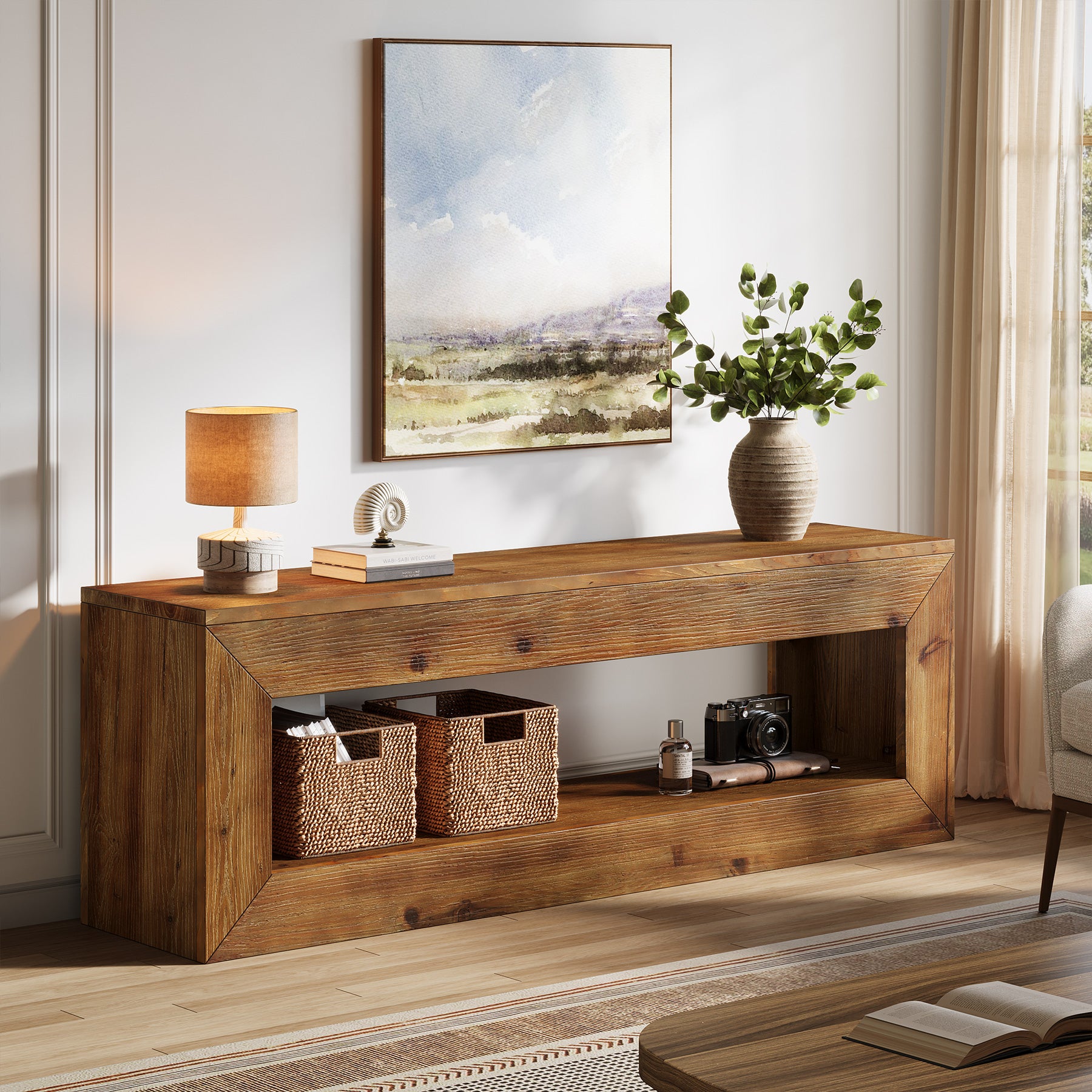 Tribesigns Mobile TV da 120 cm in legno massello con contenitore, mobile basso rustico per apparecchiature multimediali