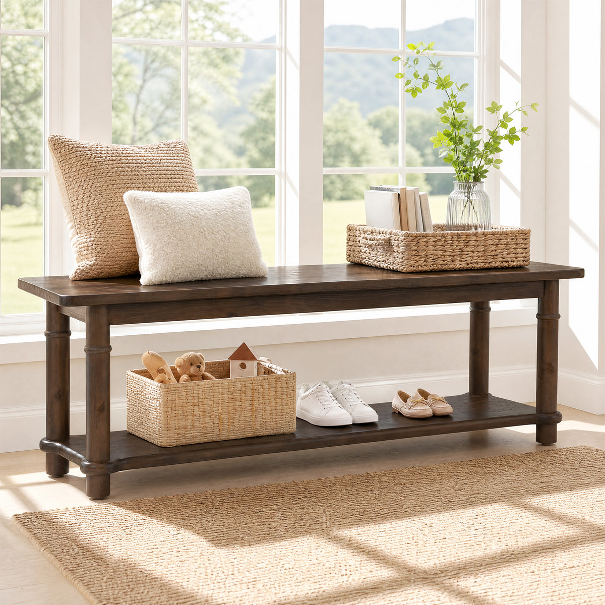 Panca Country in Legno Massello a 2 Ripiani Portascarpe, 140 cm, per Ingresso