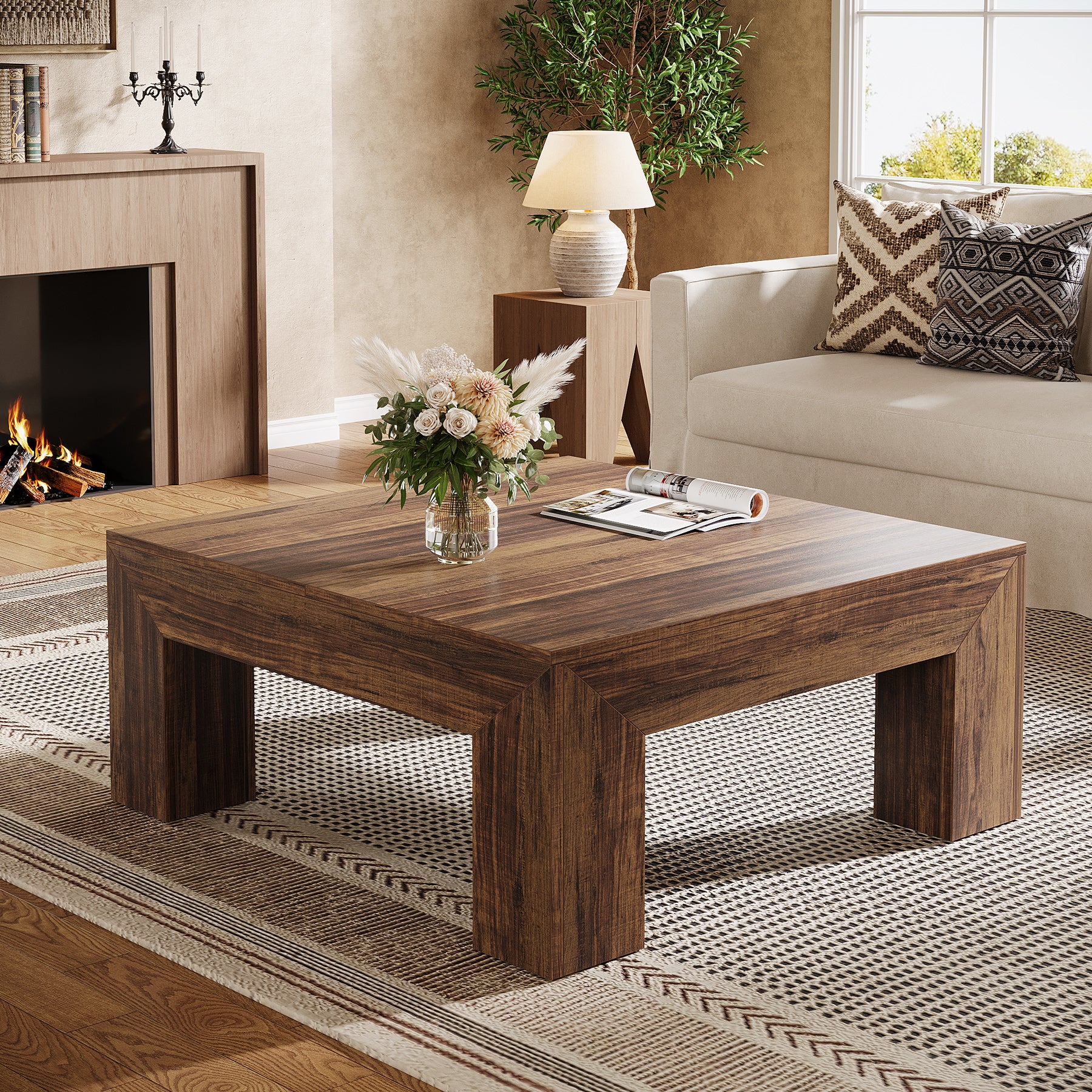 Tribesigns Tavolino da caffè da 100 cm, tavolino da cocktail centrale quadrato in stile fattoria