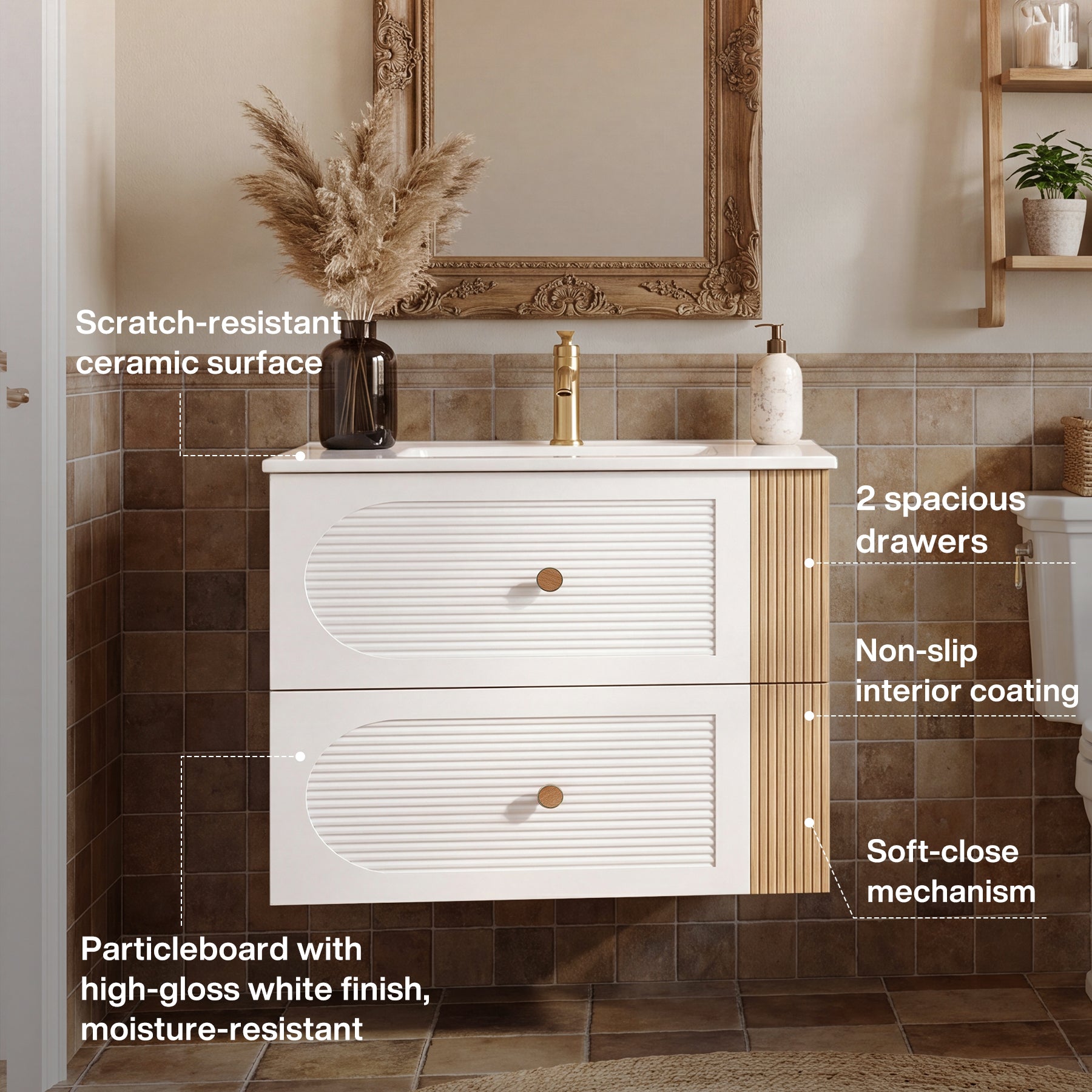 Tribesigns Mobile bagno con lavabo in ceramica da 60 cm, bianco, sospeso, 2 cassetti