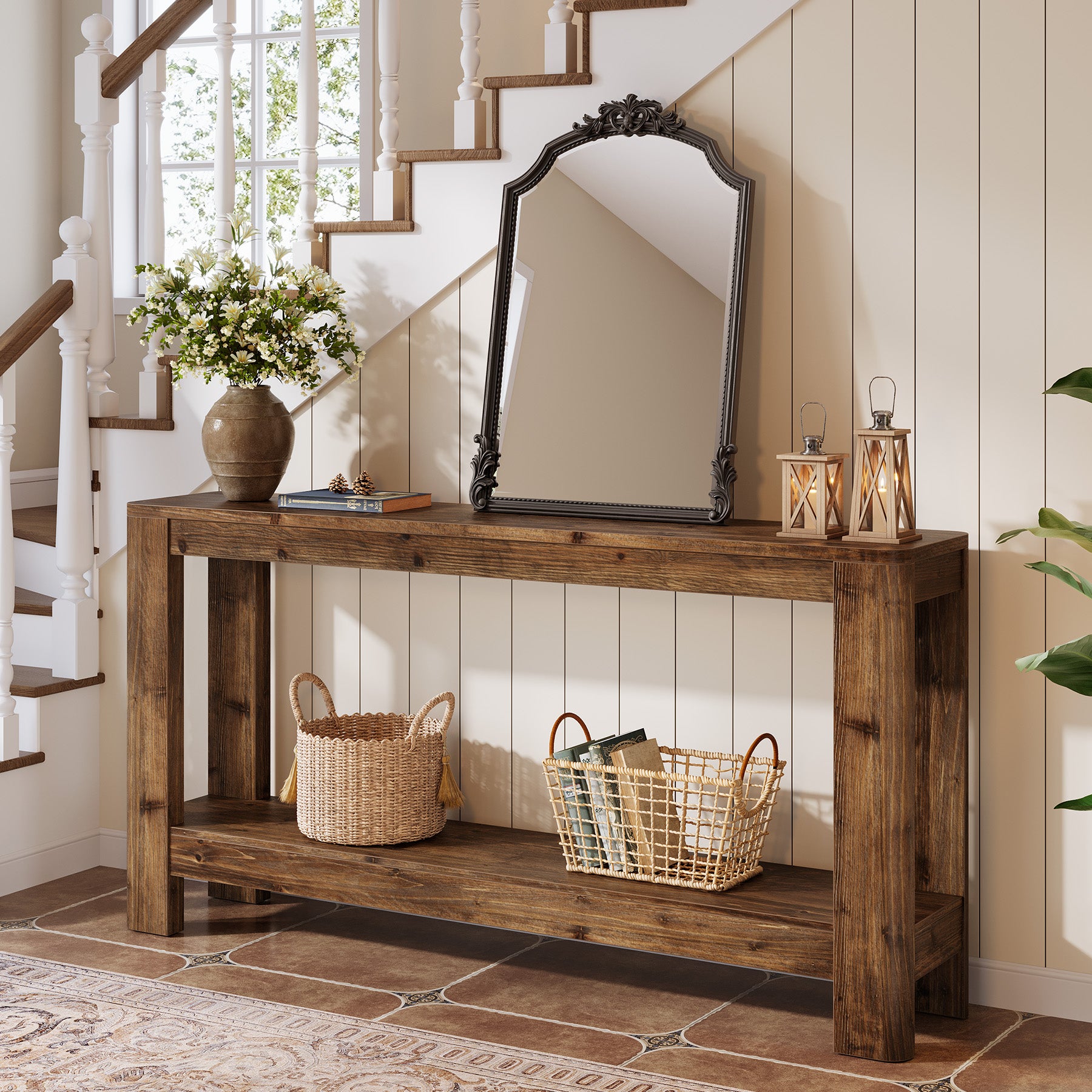 Tribesigns Consolle in legno massello da 160 cm, tavolo sottile in stile rustico per ingresso e corridoio con ripiano