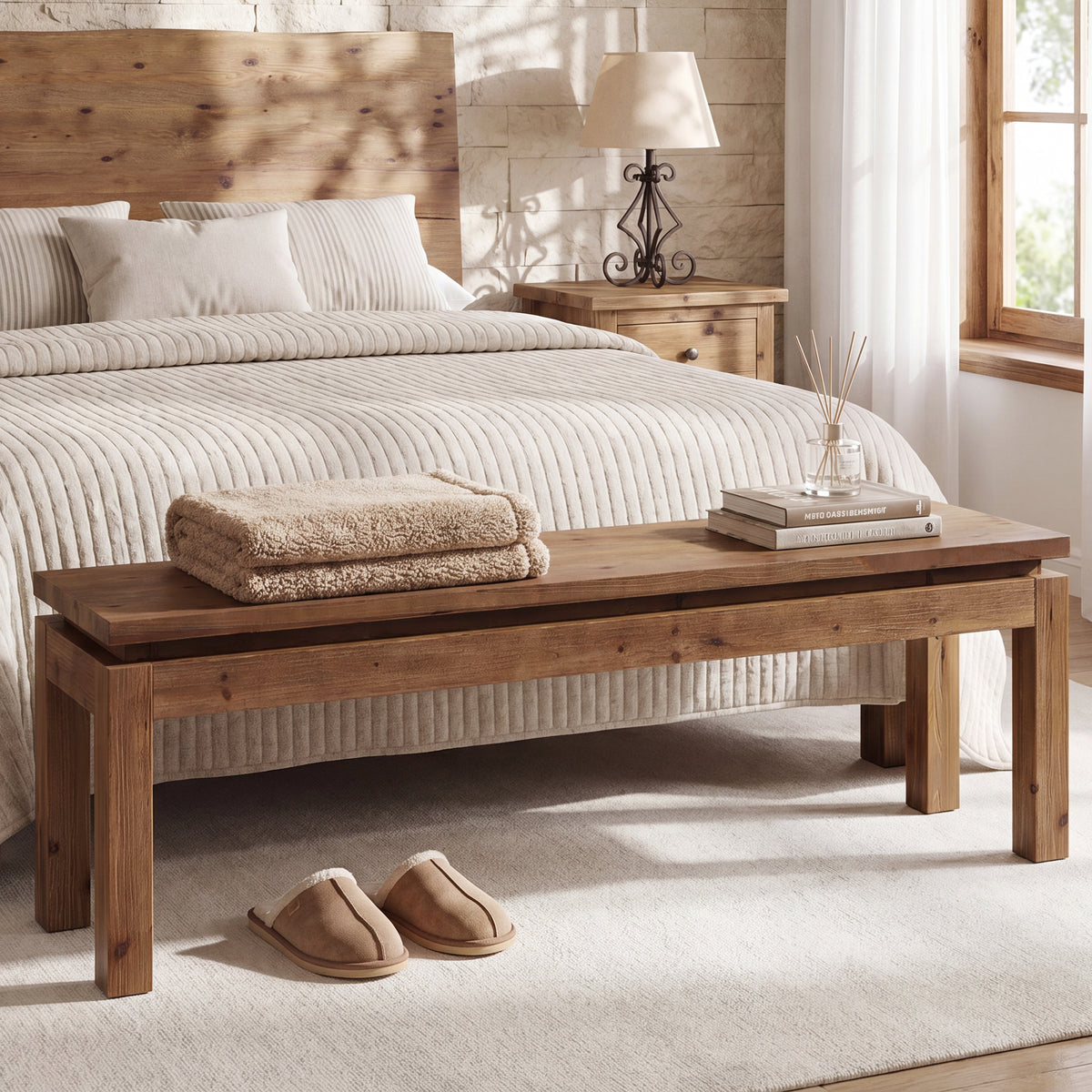 Panca Country in Legno Massello con Gambe a Blocco, 150 cm, per Sala da Pranzo