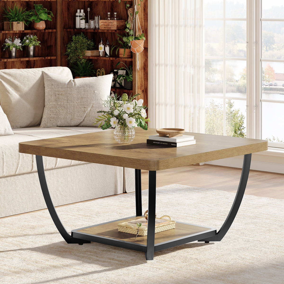 Tavolino da Salotto Quadrato a 2 Ripiani con Struttura ad Arco in Metallo, 80 x 80 cm, per Soggiorno