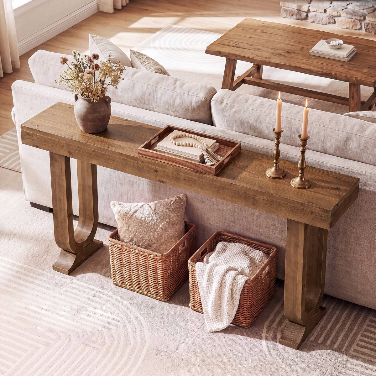 Consolle Country in Legno Massello con Gambe dal Design Particolare, 160 cm, per Ingresso