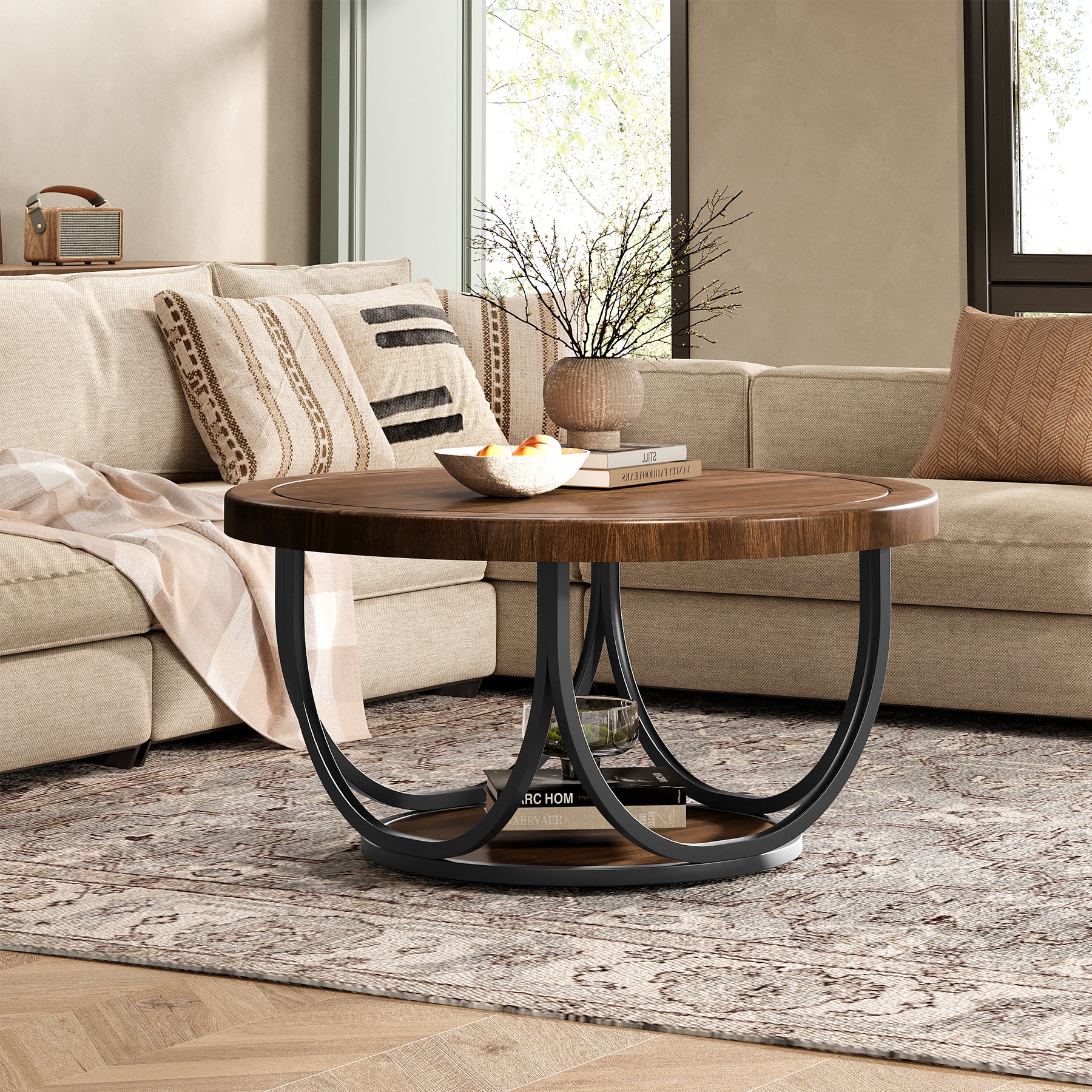 Tribesigns Tavolino da caffè da 90 cm, Tavolino centrale rotondo con 2 ripiani