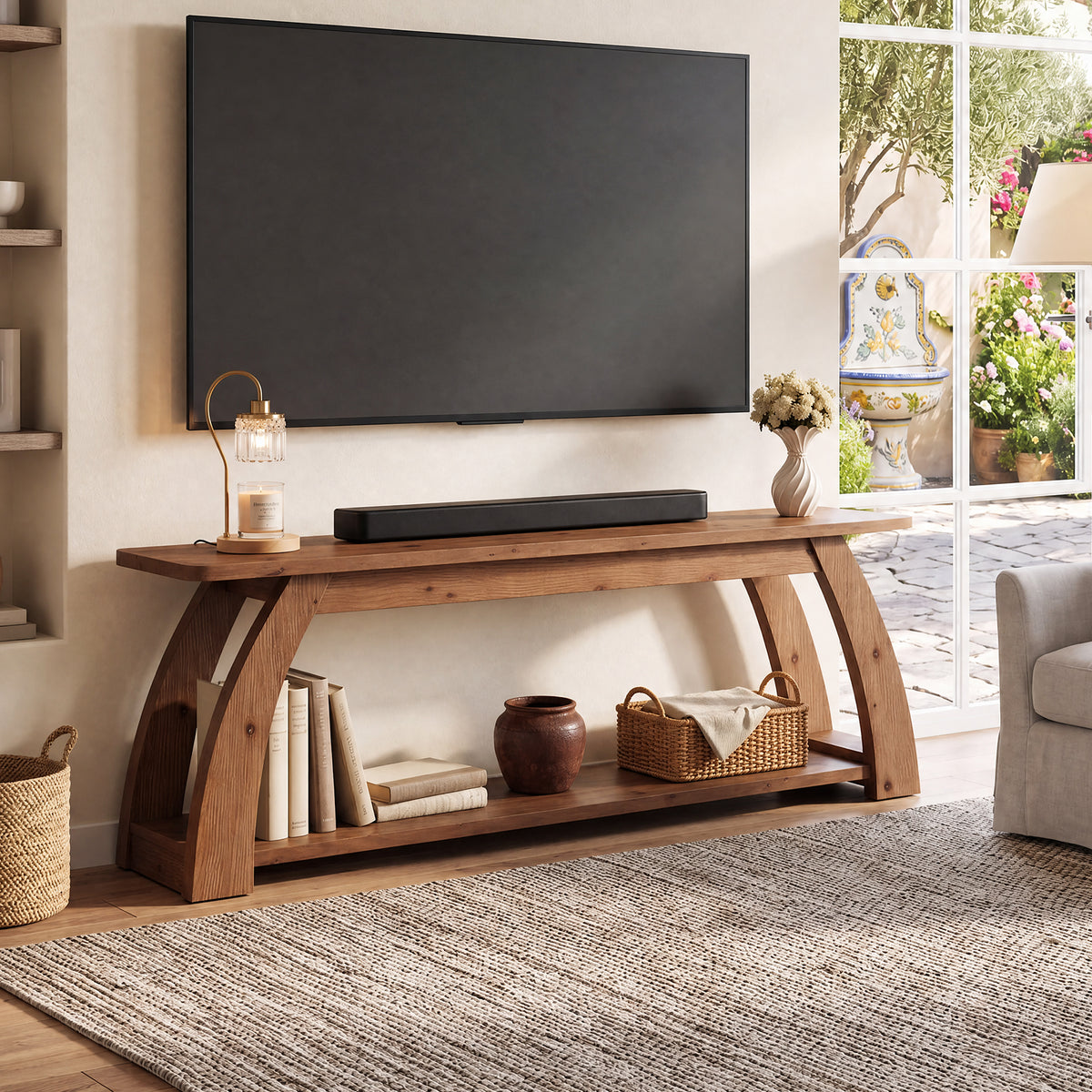 Mobile TV Country in Legno Massello a 2 Ripiani, 160 cm, per TV fino a 75", per Soggiorno