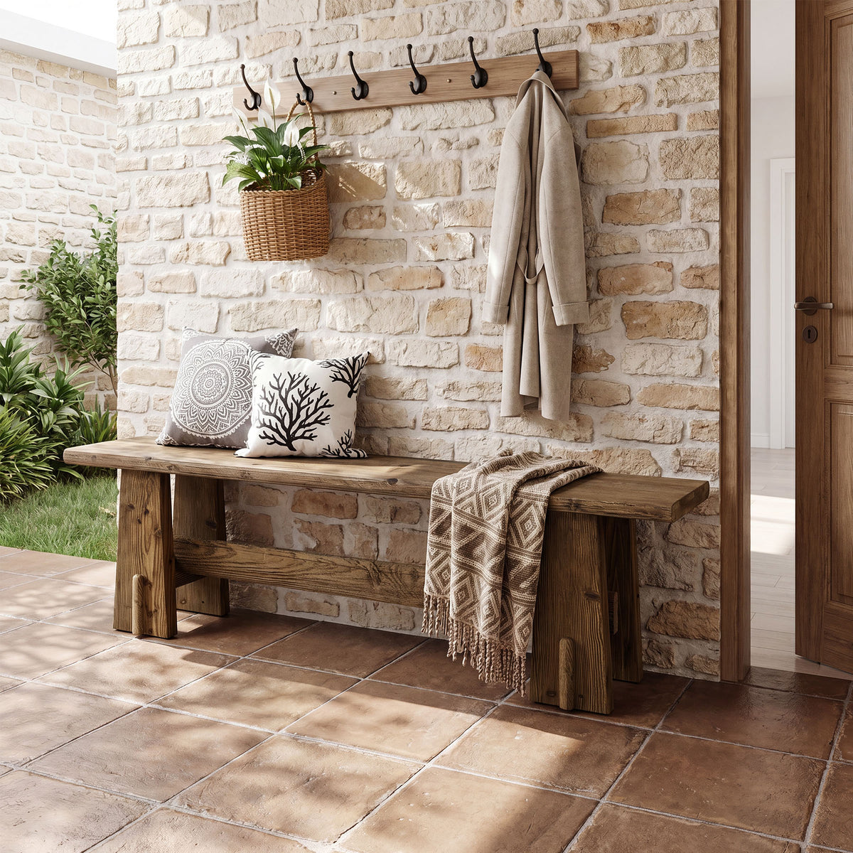 Panca Rustica in Legno Massello, 150 cm, per Ingresso