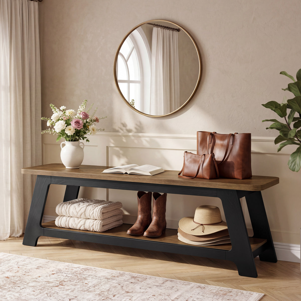 Panca Country in Legno con Ripiano Portascarpe, 160 cm, per Ingresso