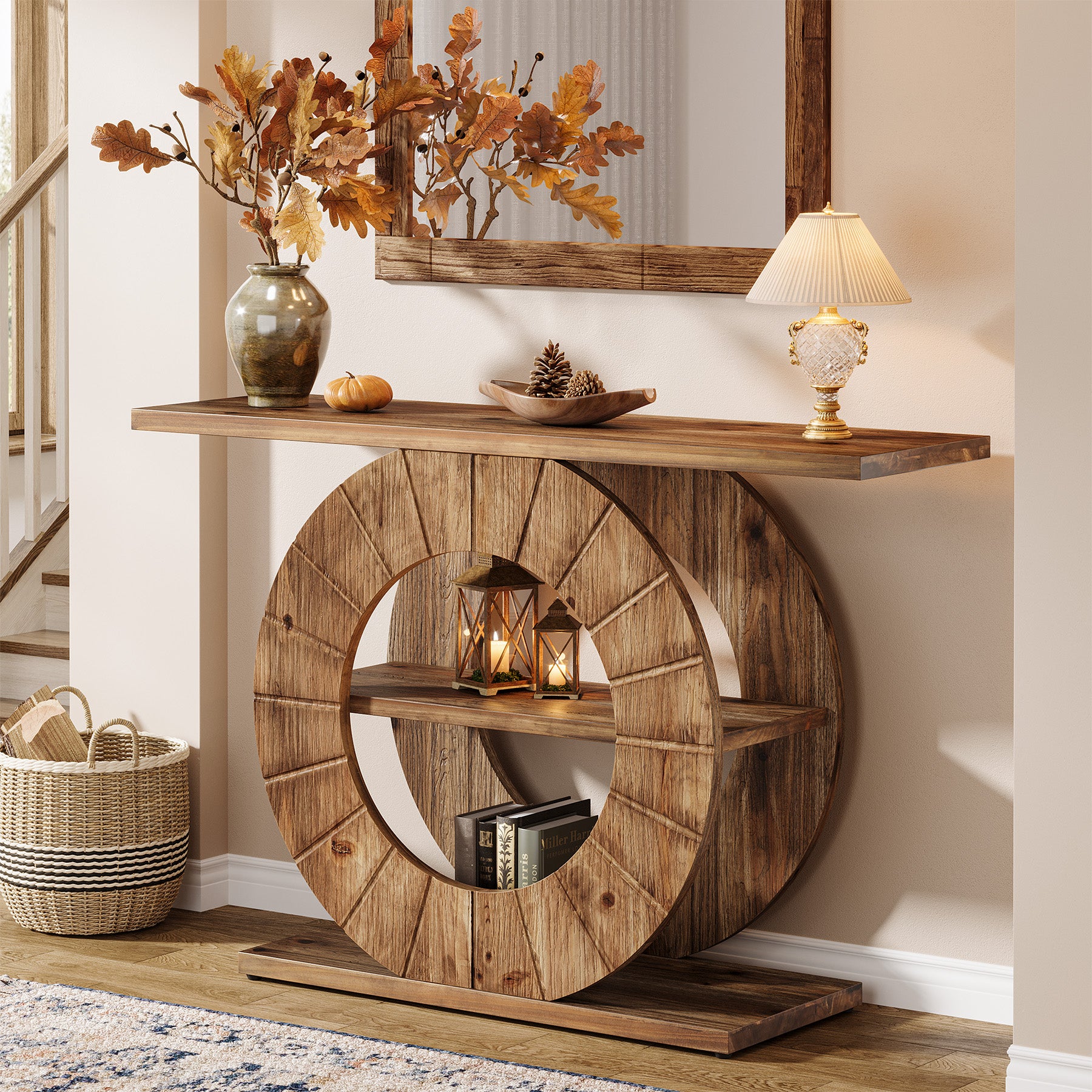 Tribesigns Consolle in legno massello da 105 cm, tavolino a 3 ripiani con base circolare intagliata