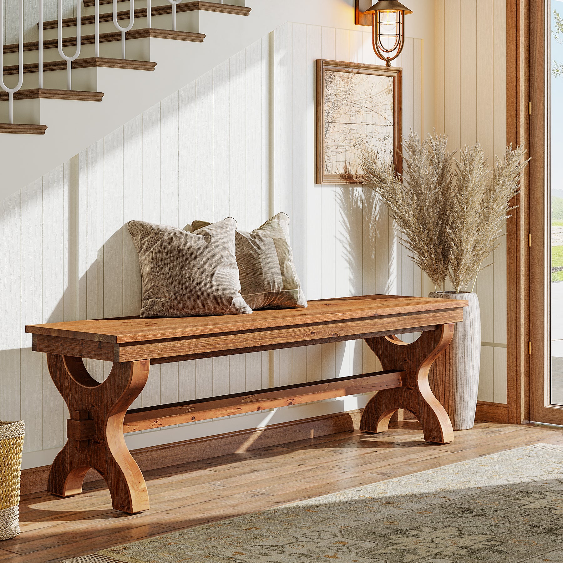 Panca Portascarpe Country in Legno Massello, 140 cm, per Ingresso e Sala da Pranzo