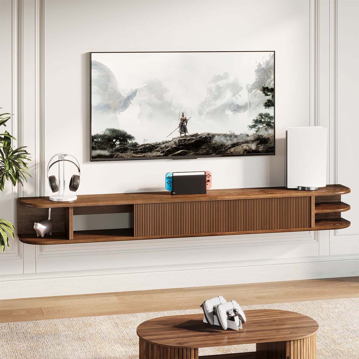 Mobile TV Sospeso in Legno Massello con Ante Scanalate, 180 cm, per TV fino a 90"