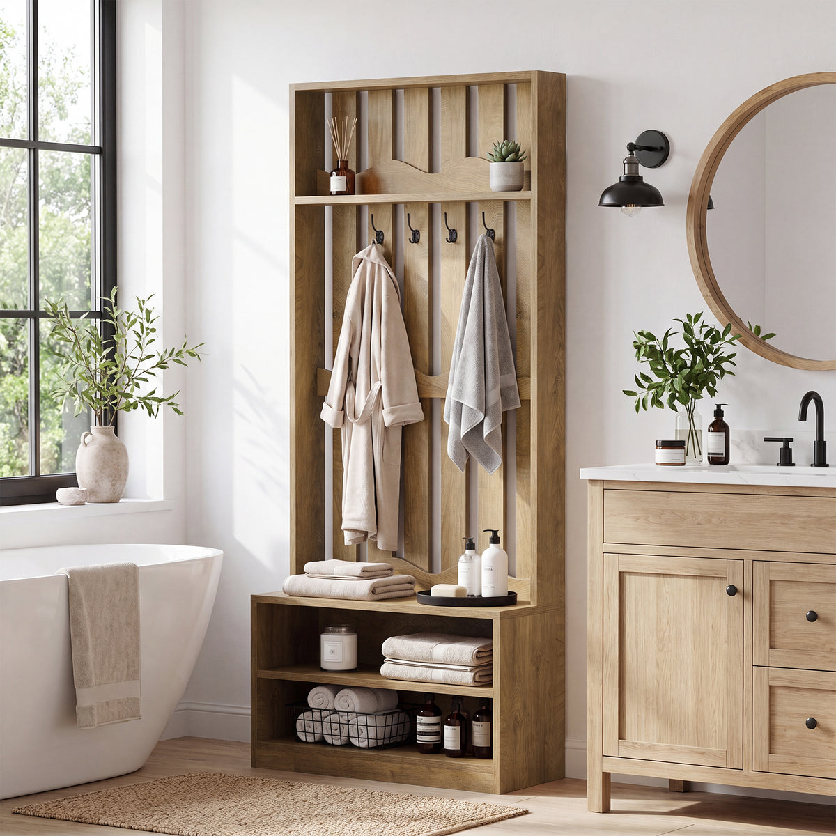 Albero della Sala Country con Panca e 4 Ganci Appendiabiti, H 182 cm