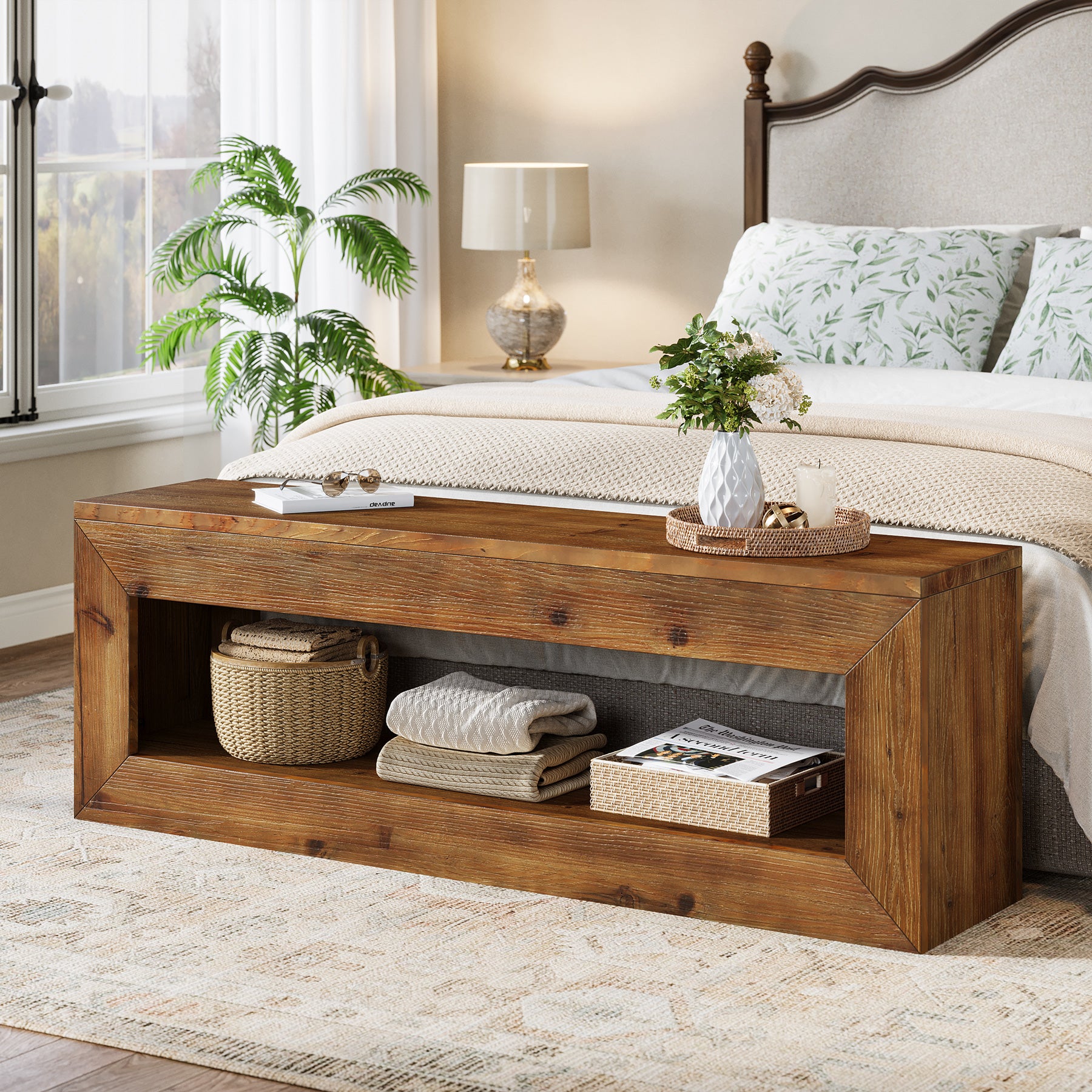 Tribesigns Panca d'ingresso in legno massello da 120 cm con ripiano contenitore, stile rustico