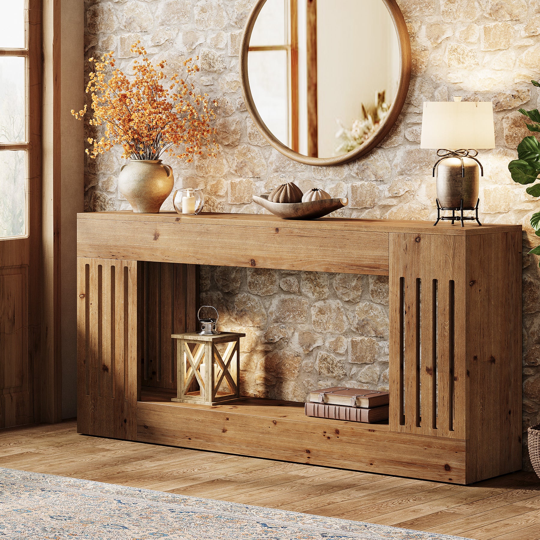 Tribesigns Tavolino da divano da 160 cm, consolle in legno massello con gambe a strisce