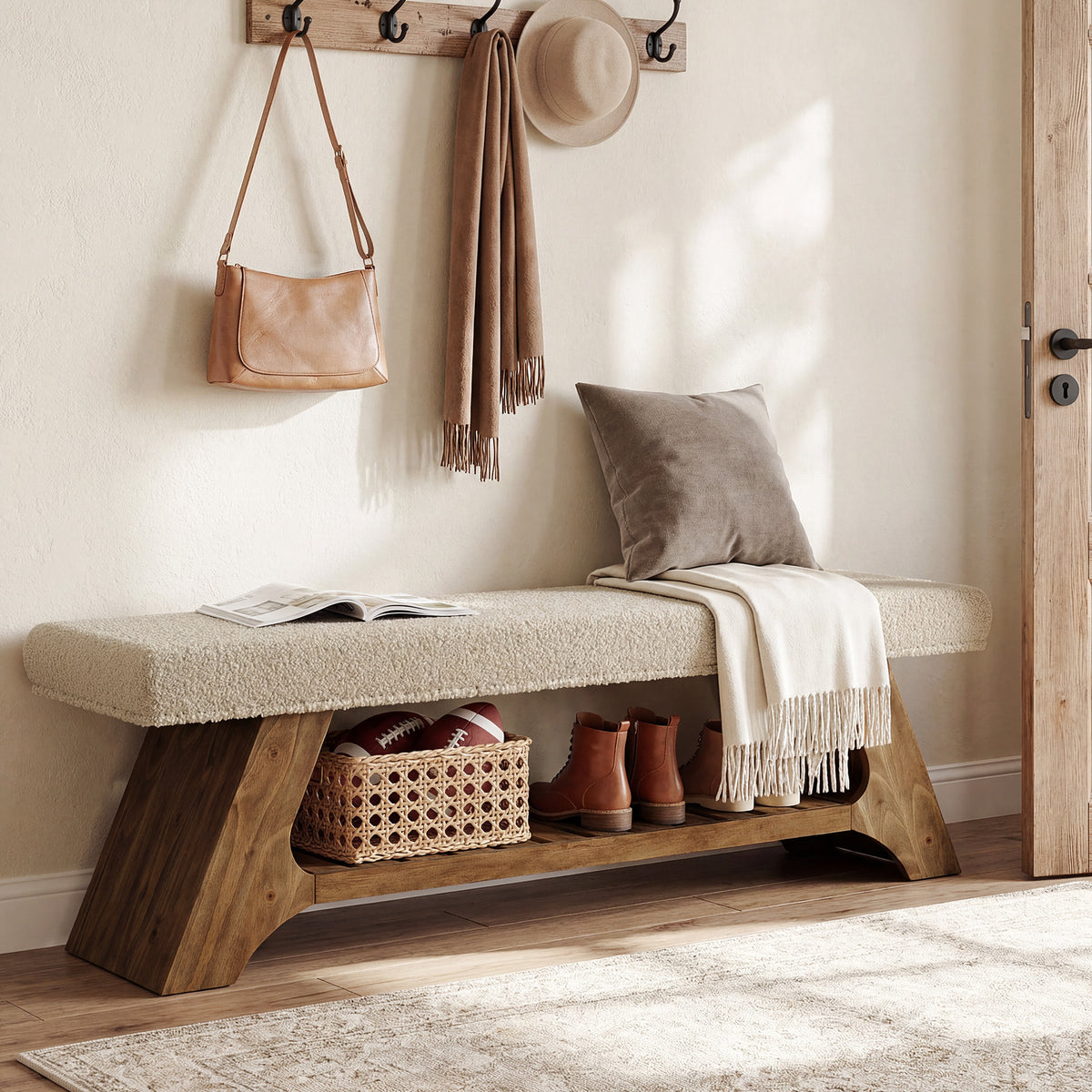 Panca Portascarpe Imbottita in Legno Massello con Cuscino, 140 cm, per Ingresso