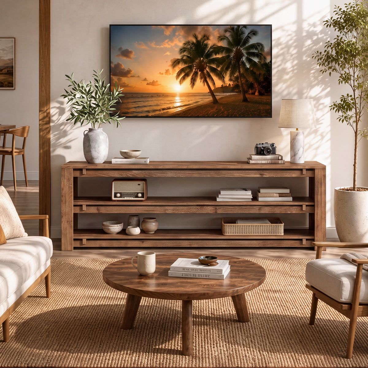 Mobile TV Rustico in Legno Massello a 3 Ripiani Aperti, 160 cm, per TV fino a 75"