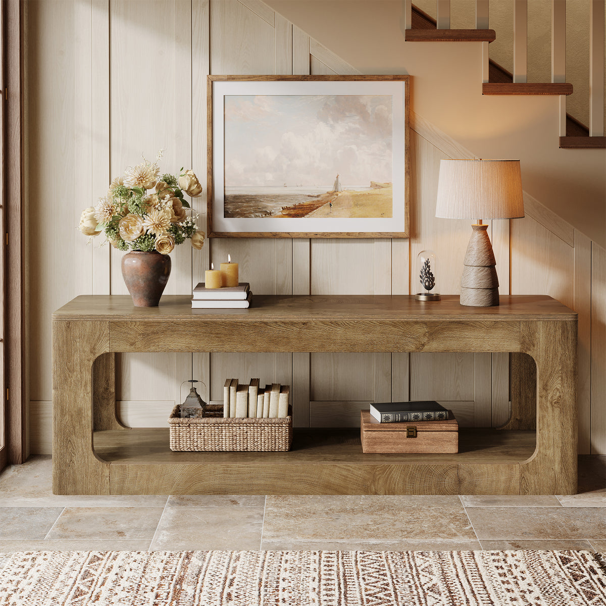 Consolle Country a 2 Ripiani con Design Circolare, 160 cm, per Ingresso
