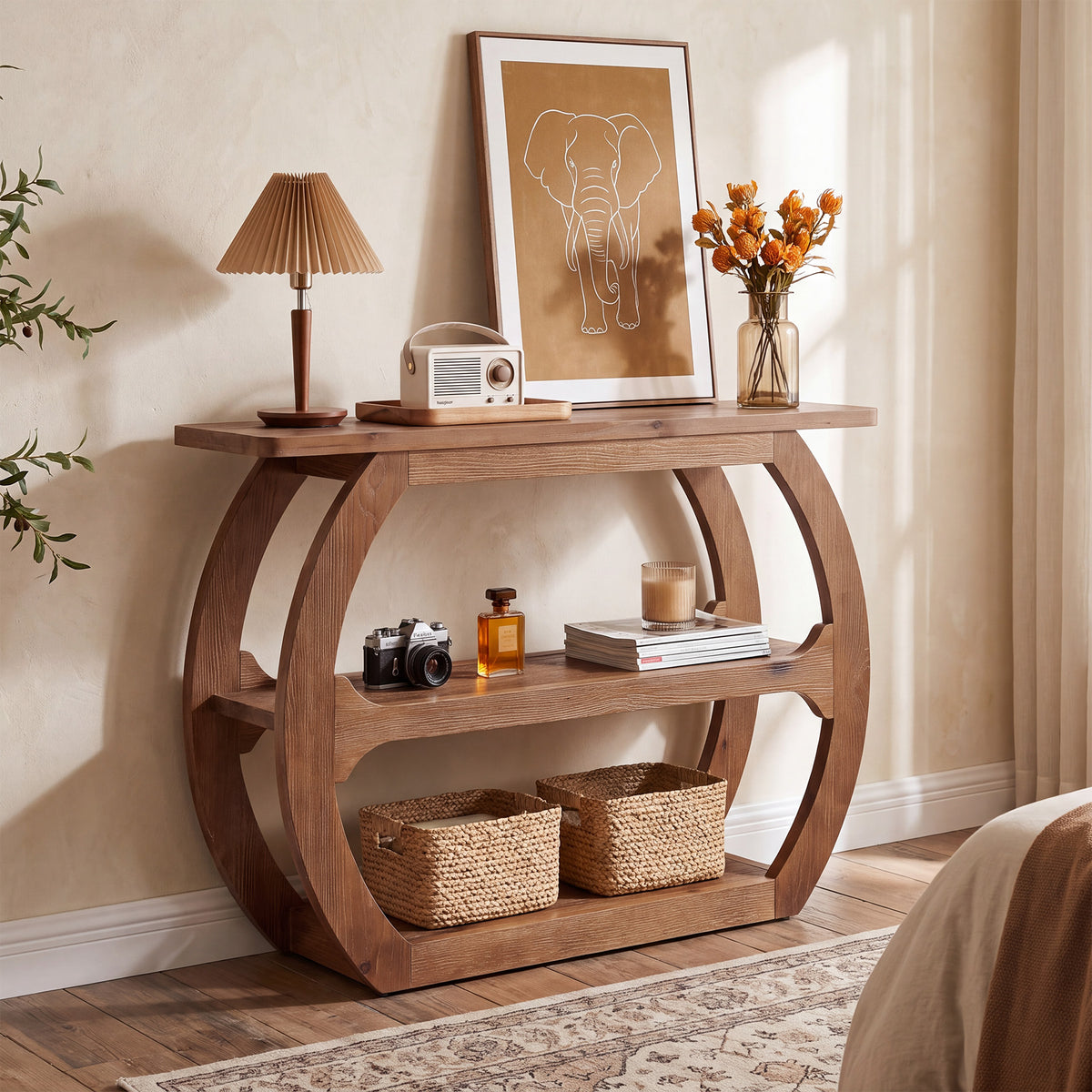 Consolle in Legno Massello con Base a O, 105 cm, per Ingresso