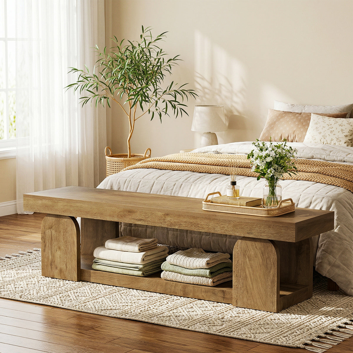 Panca Portascarpe Country con Ripiano, 160 cm, per Ingresso e Camera da Letto