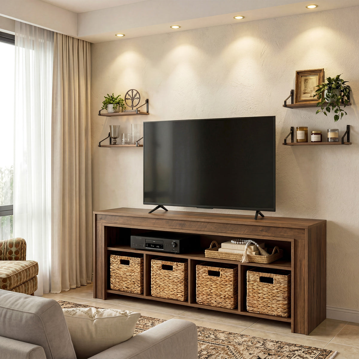 Mobile TV Country con Ceste e Ripiani Aperti, 160 cm, per TV fino a 70"