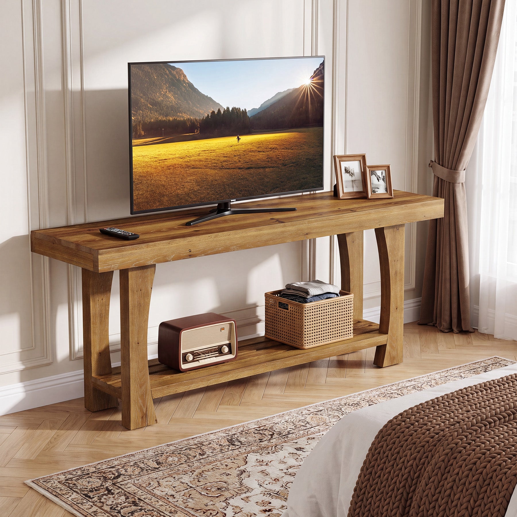 Tribesigns Mobile porta TV basso in legno massello per televisori da 55 a 70 pollici con 2 ripiani
