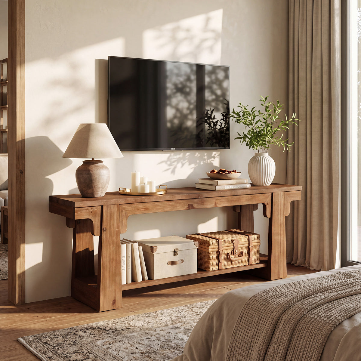 Mobile TV Country in Legno Massello con Gambe Curve ad A, 160 cm, per Soggiorno